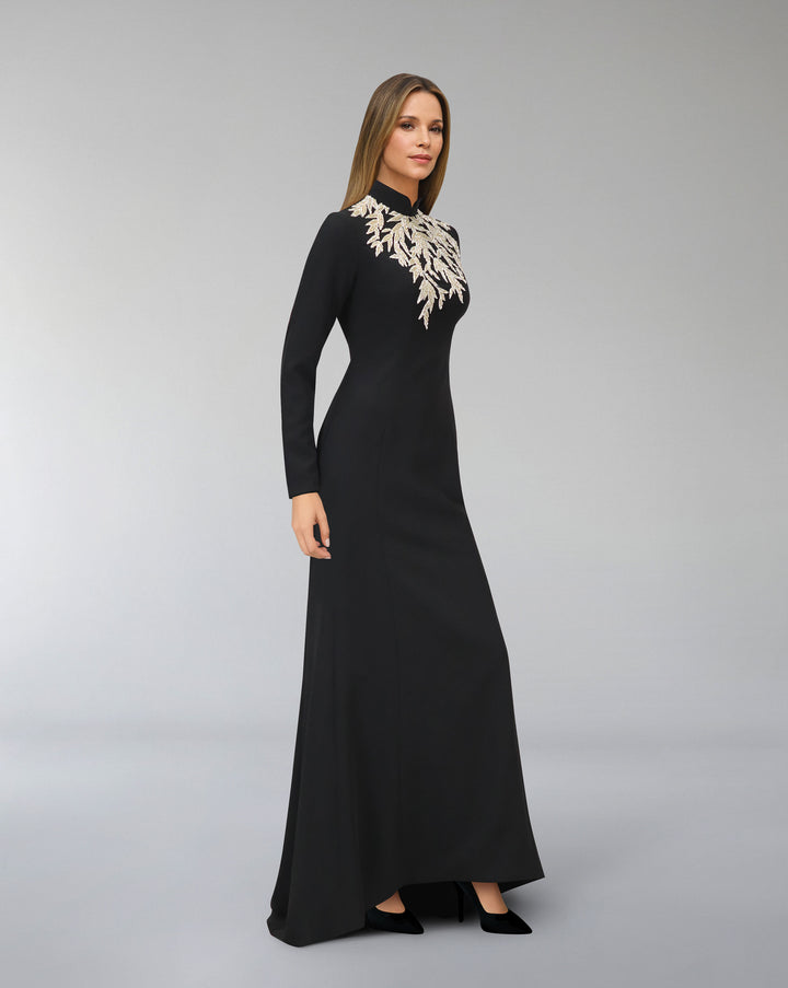 Long sleeve column dress with beaded leaves