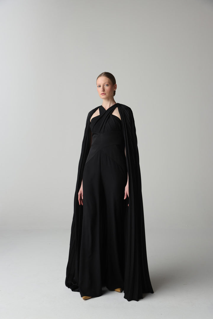 Cross-neck cape evening gown – NOIRIS