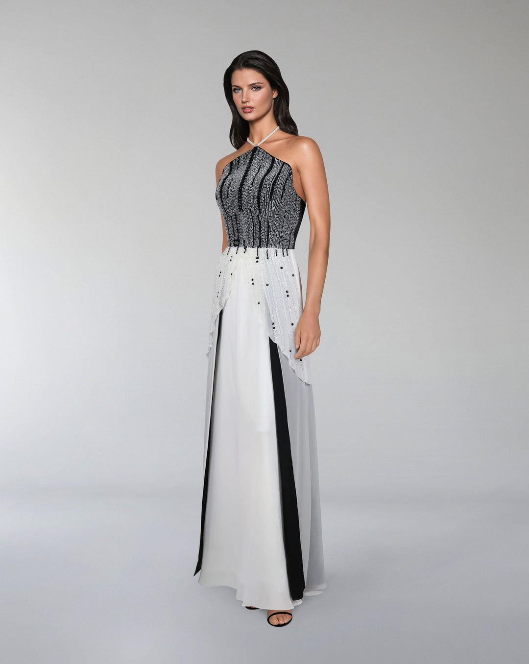 beaded dress with halter neckline and layered skirt