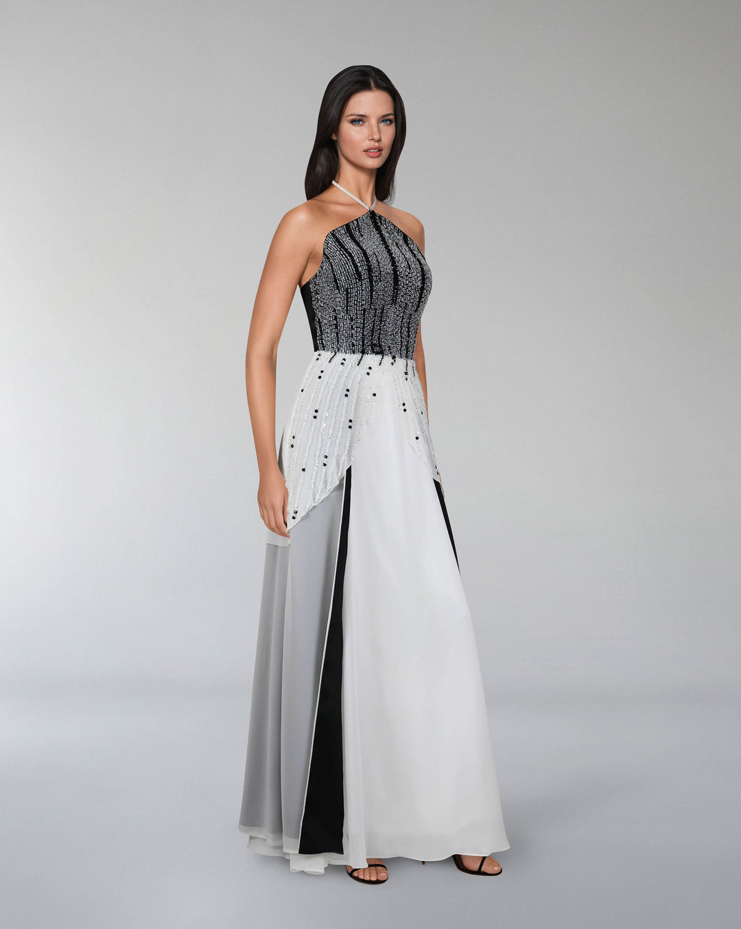 beaded dress with halter neckline and layered skirt