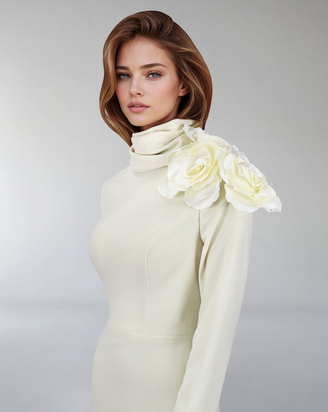 long sleeve dress with crumpled high neck and 3D flowers