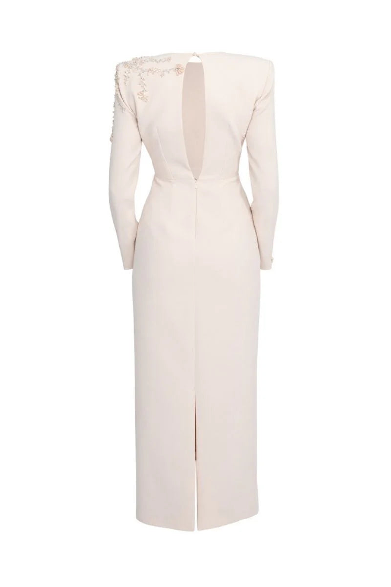فستان عمودي بأكمام طويلة وكتف مزخرف – أوبال