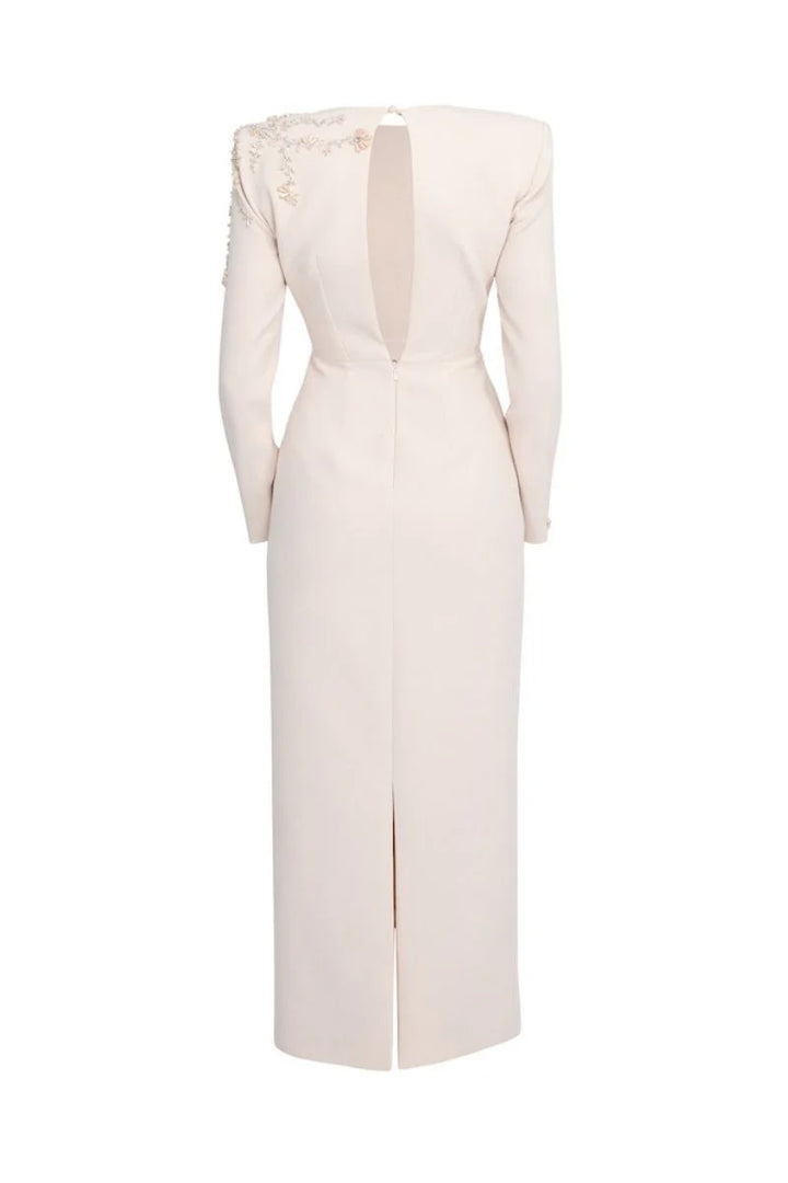 فستان عمودي بأكمام طويلة وكتف مزخرف – أوبال