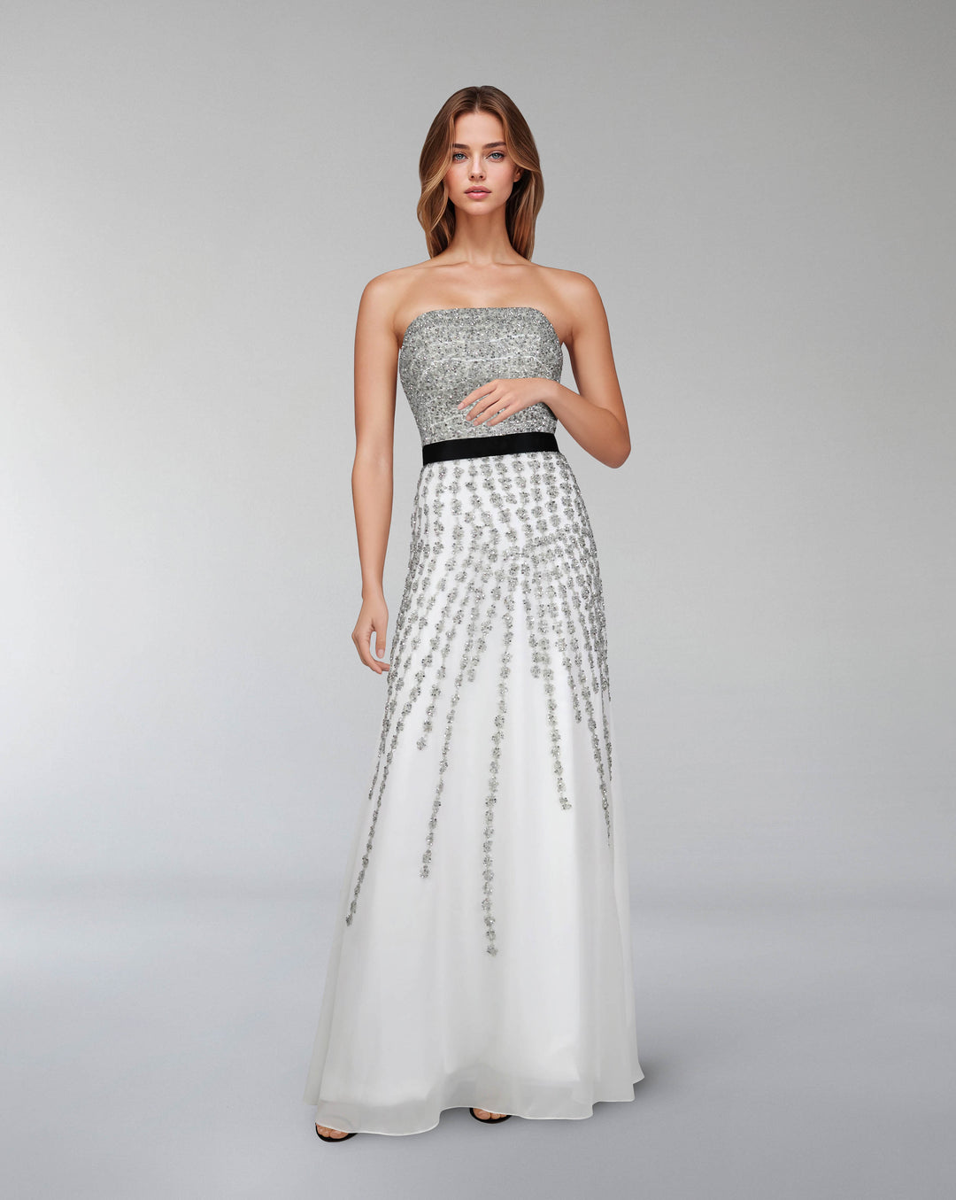 strapless beaded dress with waistband