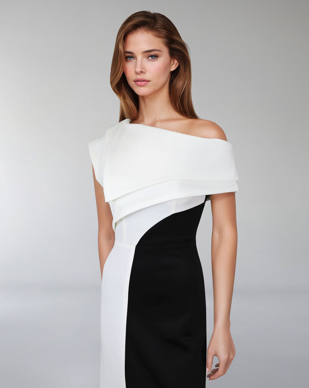 Shoulder off bicolour dress with geometrical shapes - AILLE