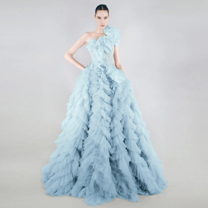 one-shoulder ruffled tulle ball gown – Zarlish