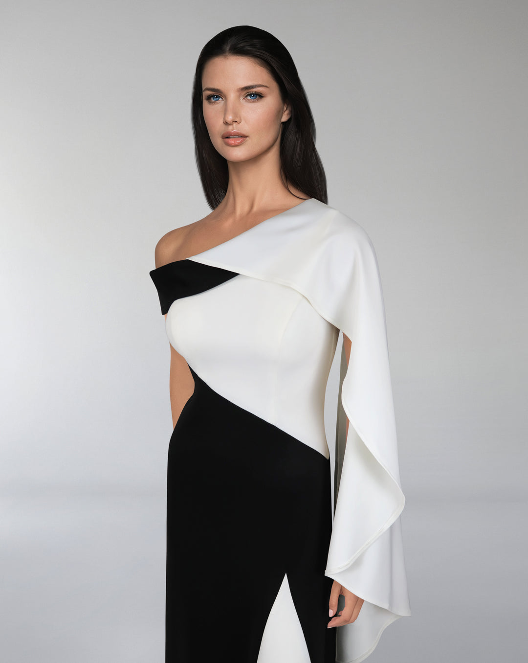 Bicolor - shoulder off dress with cape sleeve