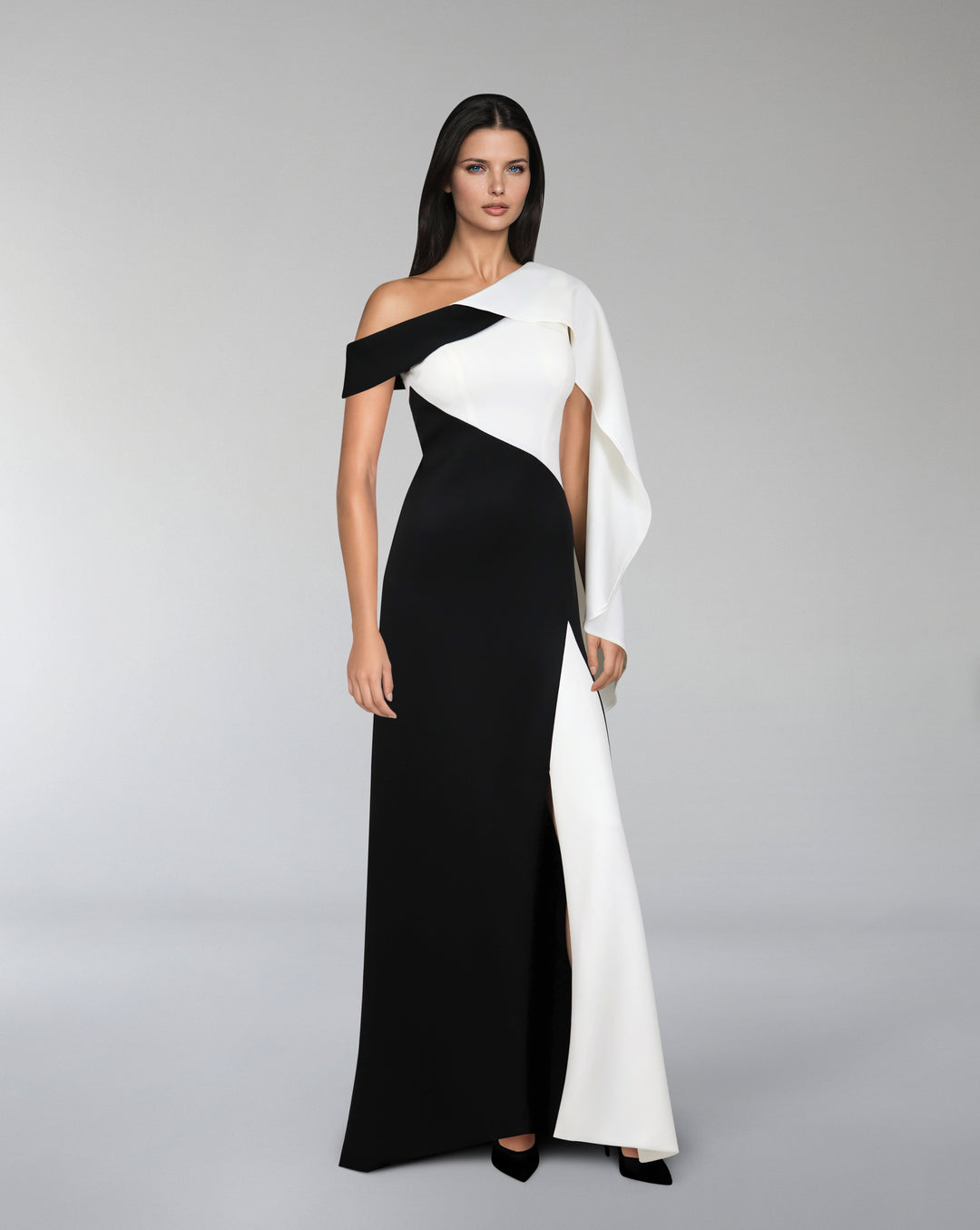 Bicolor - shoulder off dress with cape sleeve