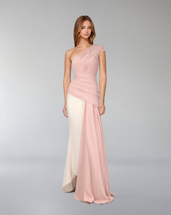 Bicolour draped dress with shoulder off