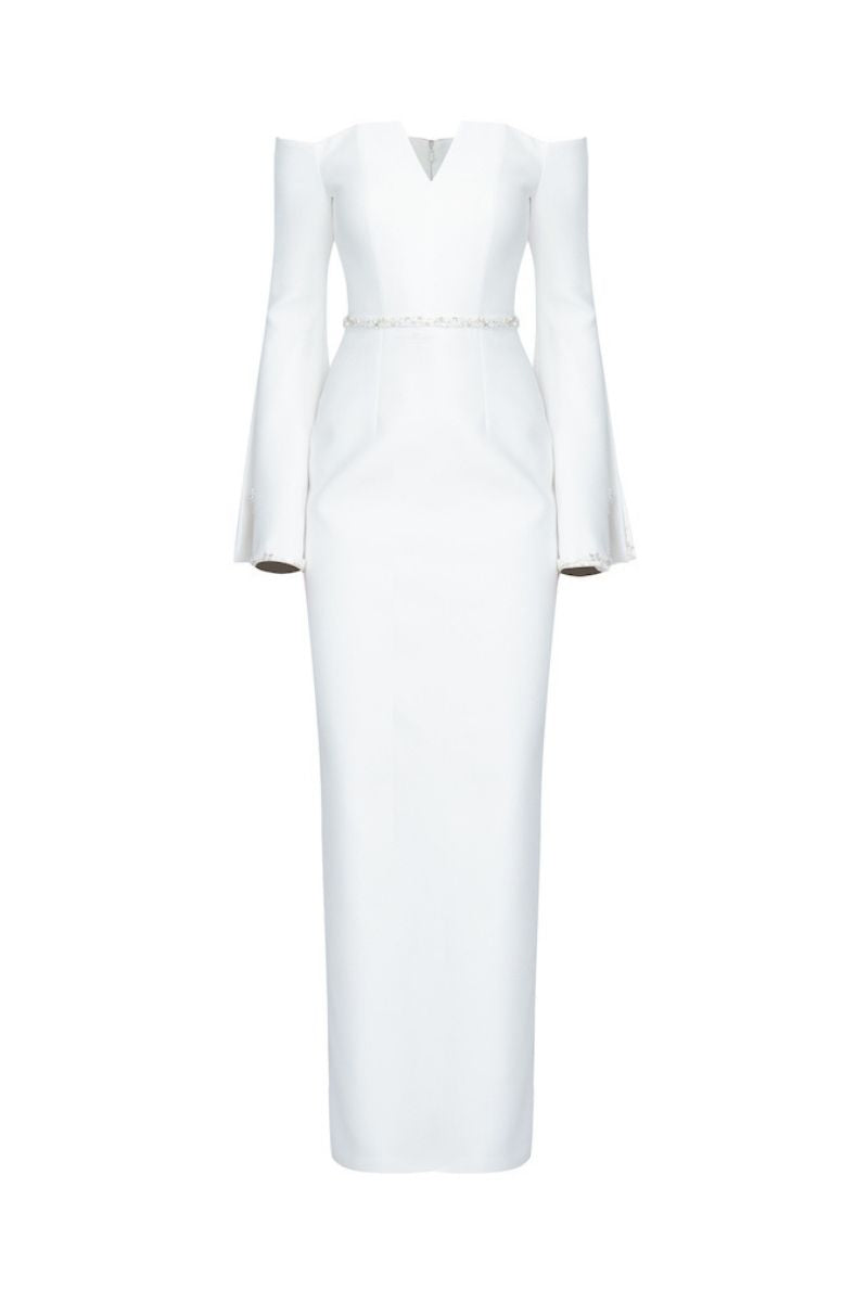 فستان عمودي مكشوف الكتفين بأكمام واسعة مزخرفة – عاجي