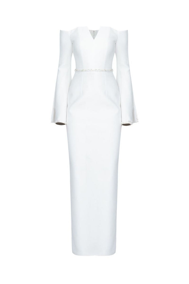 فستان عمودي مكشوف الكتفين بأكمام واسعة مزخرفة – عاجي