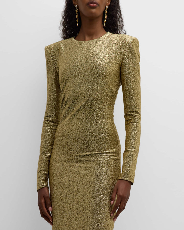 metallic long-sleeve gown with flared hem – AURORA
