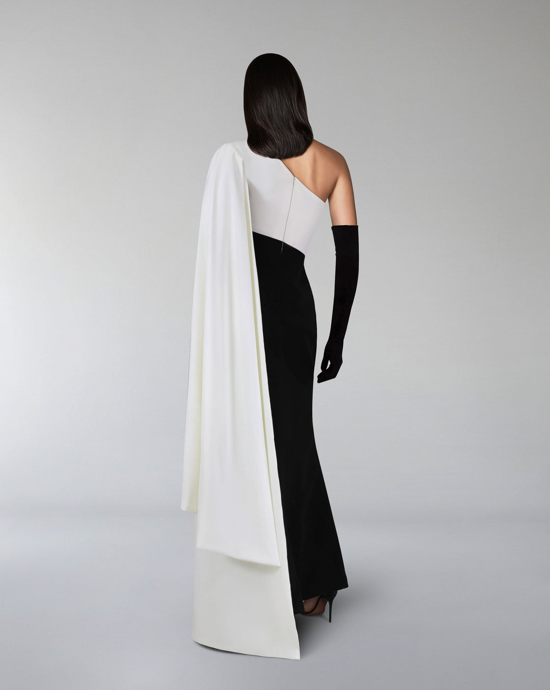 Shoulder off black & white dress with cape sleeve