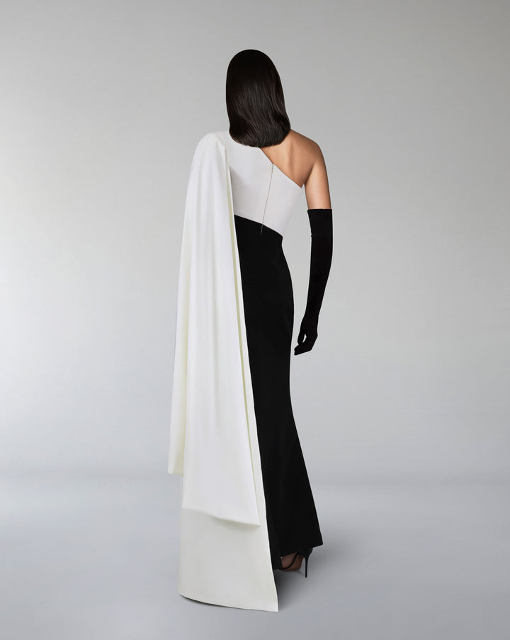 Shoulder off black & white dress with cape sleeve