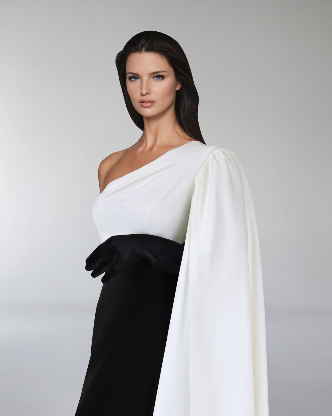 Shoulder off black & white dress with cape sleeve