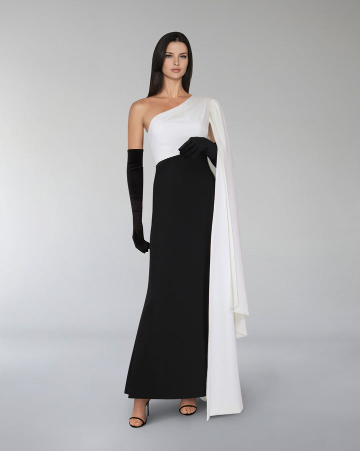 Shoulder off black & white dress with cape sleeve