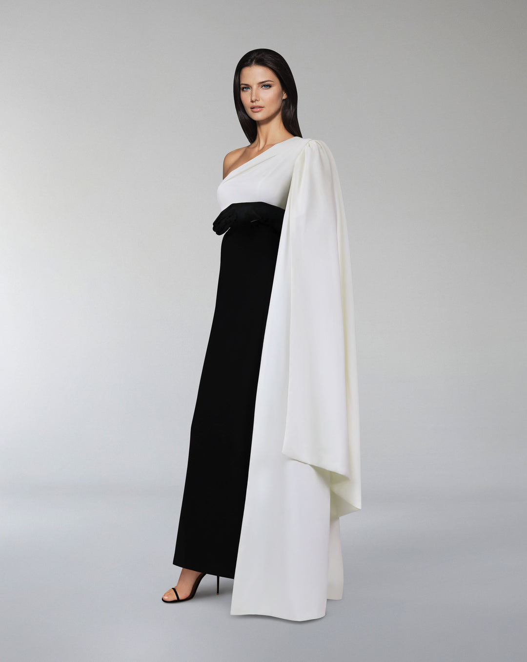 Shoulder off black & white dress with cape sleeve