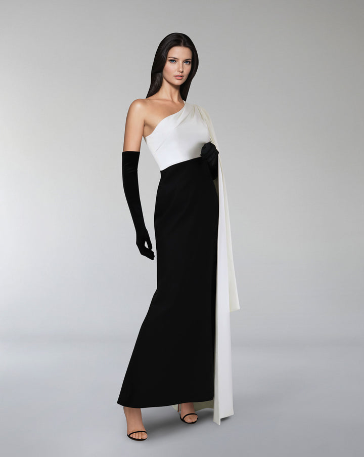 Shoulder off black & white dress with cape sleeve