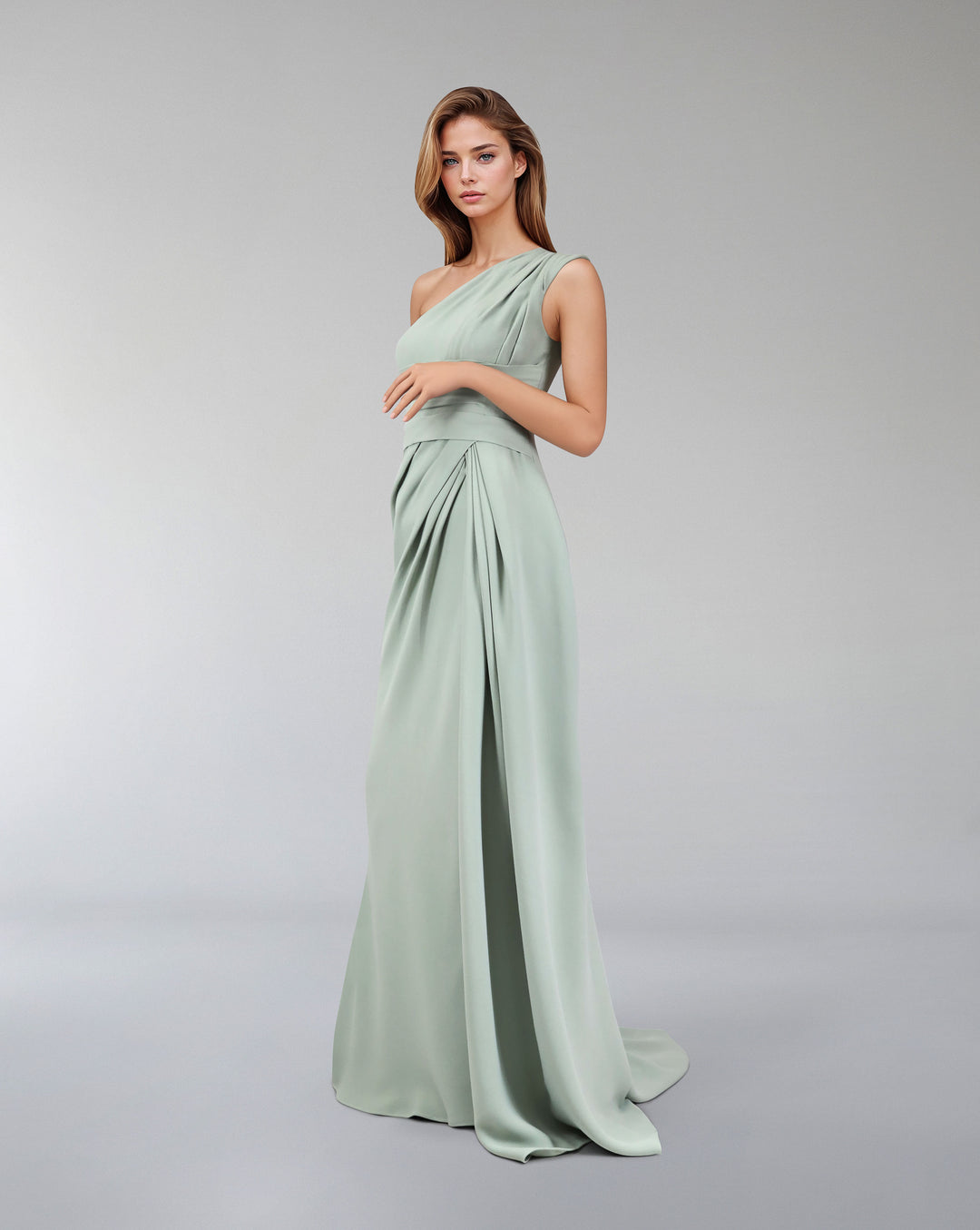 Green mint draped dress with shoulder off-Zumorrod