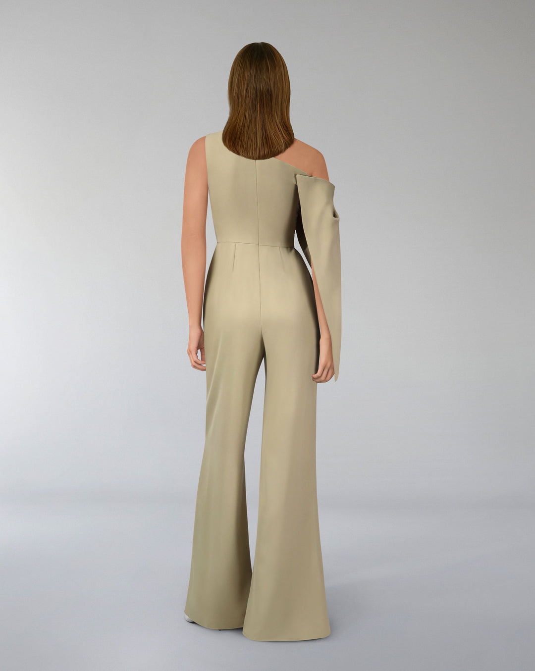 Shoulder off jumpsuit with pleated waistband