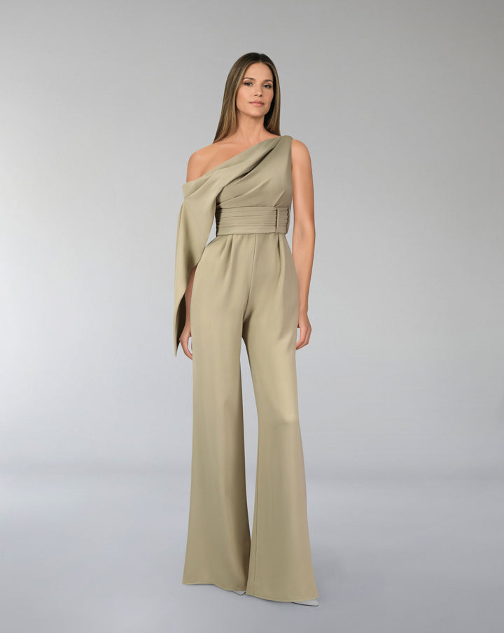 Shoulder off jumpsuit with pleated waistband