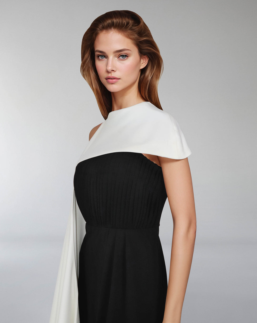 Pleated column dress with asymmetrical cape