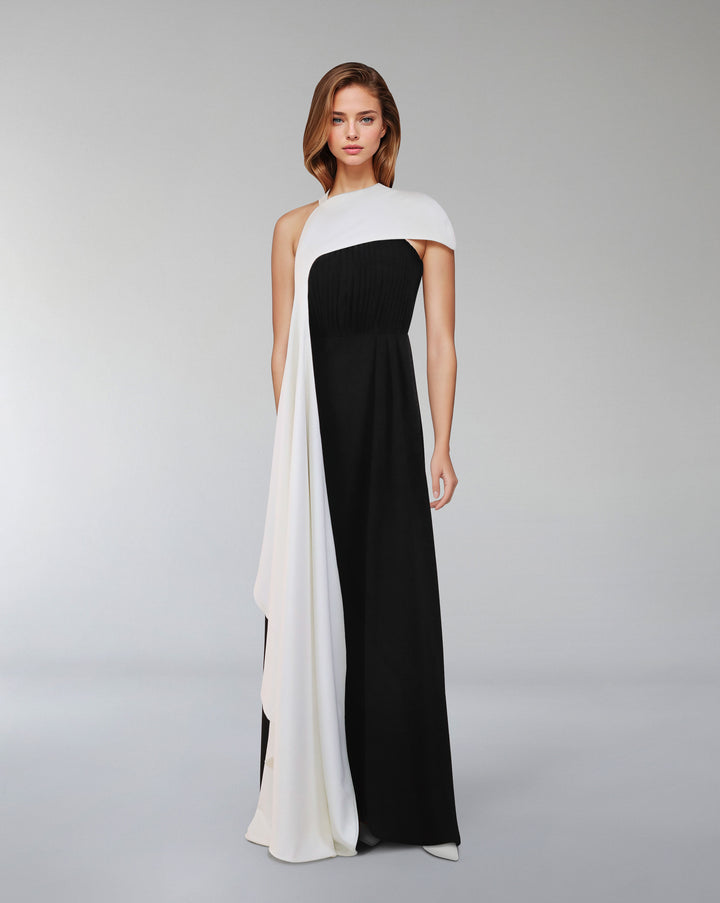 Pleated column dress with asymmetrical cape