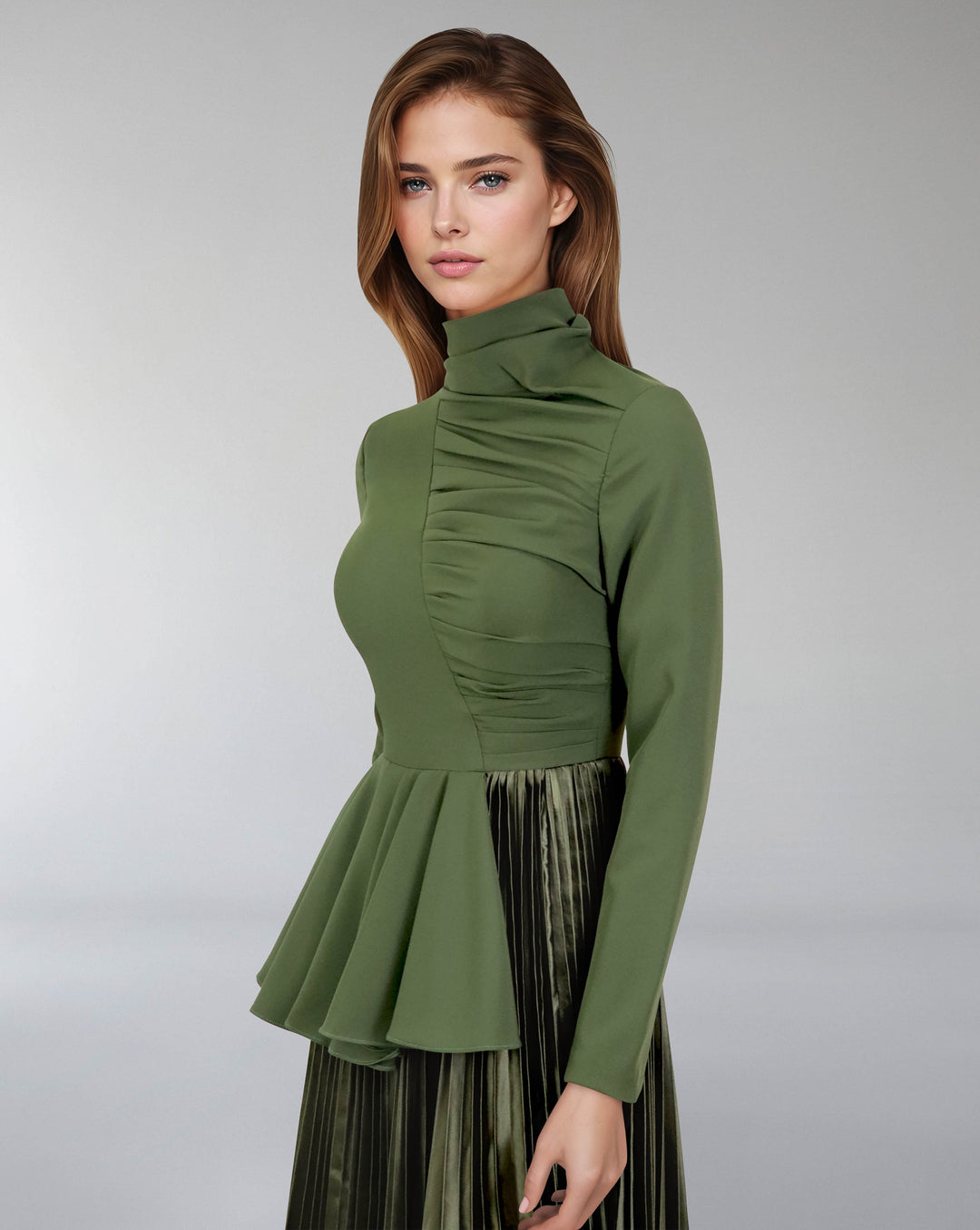 Asymmetrical pleated dress with waistband ruffle