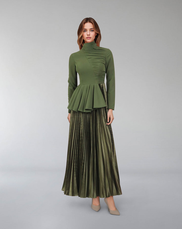 Asymmetrical pleated dress with waistband ruffle