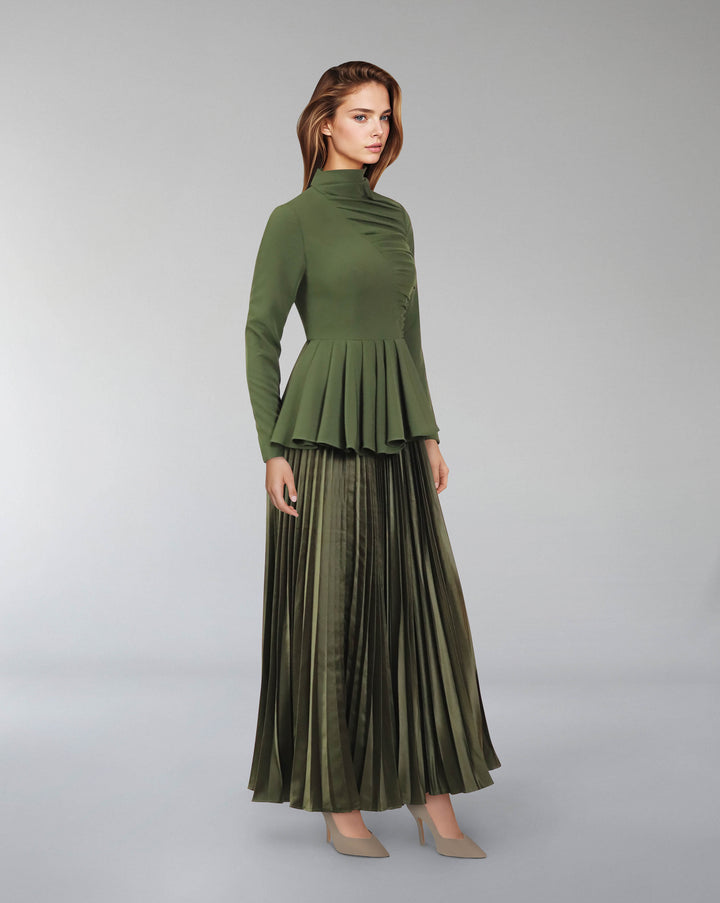 Asymmetrical pleated dress with waistband ruffle