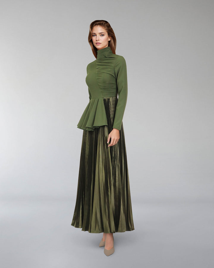 Asymmetrical pleated dress with waistband ruffle