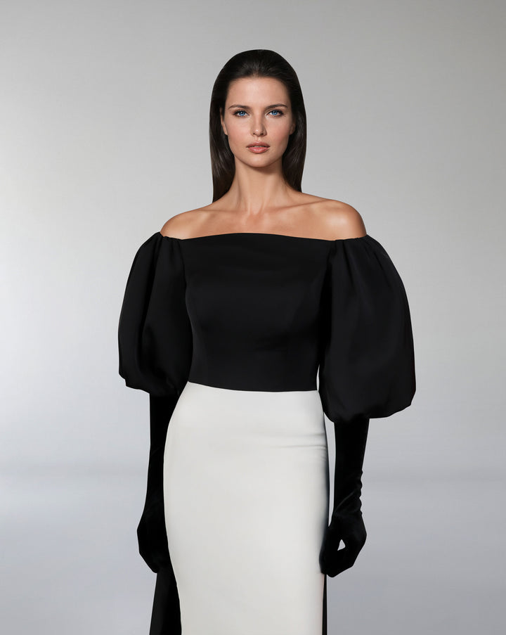 Shoulders off bicolour dress with puffed sleeves and gloves