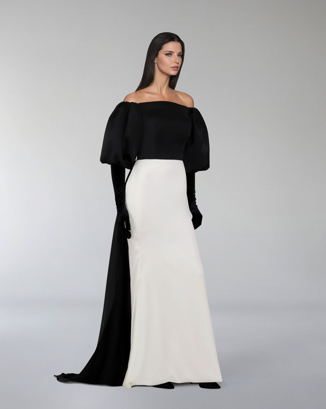 Shoulders off bicolour dress with puffed sleeves and gloves