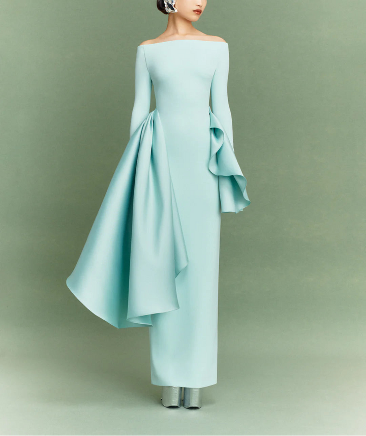 long-sleeve column dress with asymmetric draped panels – KIANA