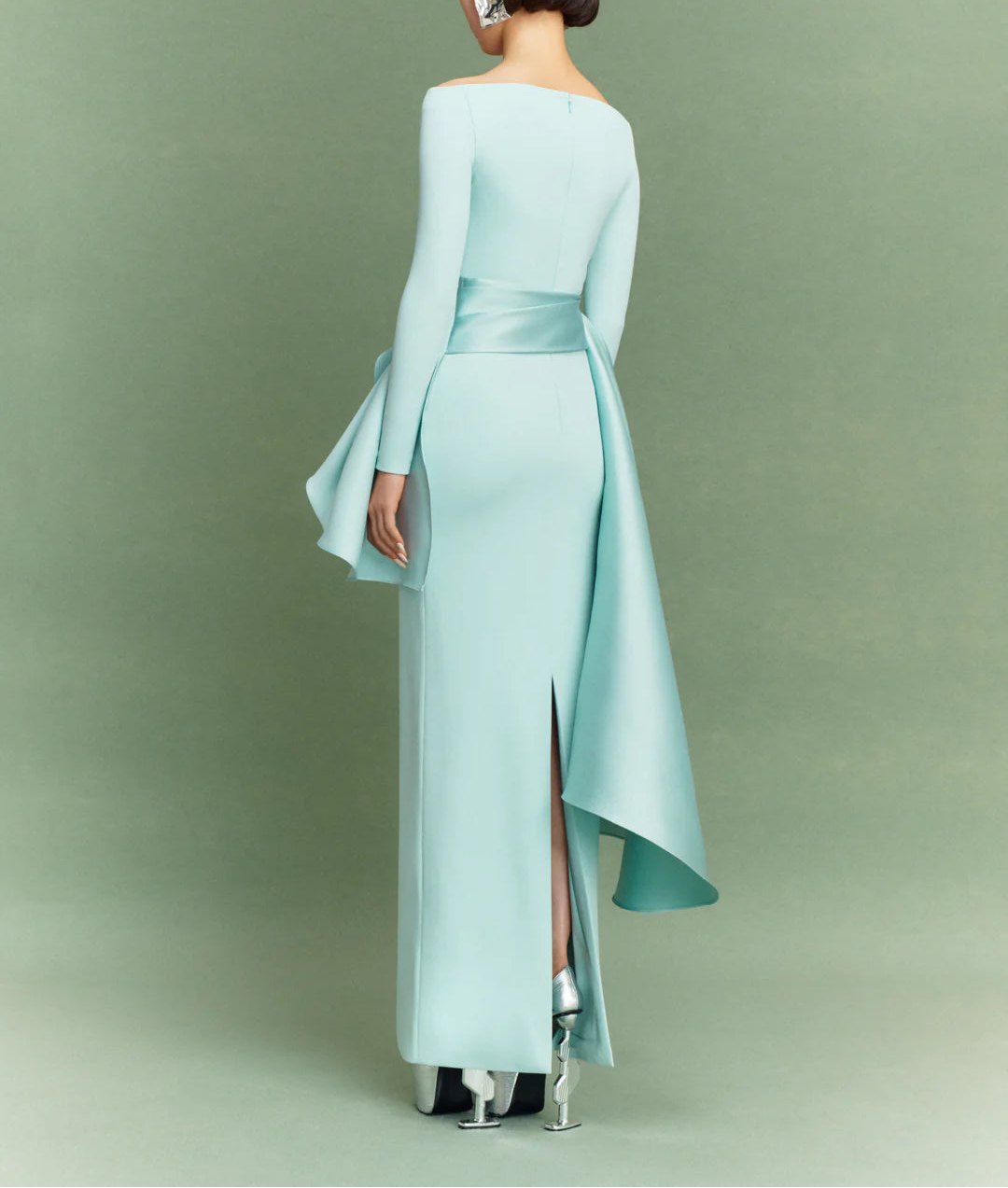 long-sleeve column dress with asymmetric draped panels – KIANA