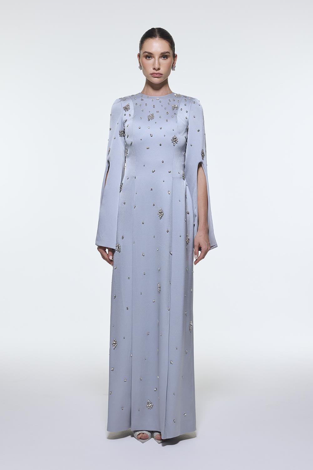 long-sleeve column gown with scattered crystal embellishments – NOIRÉ