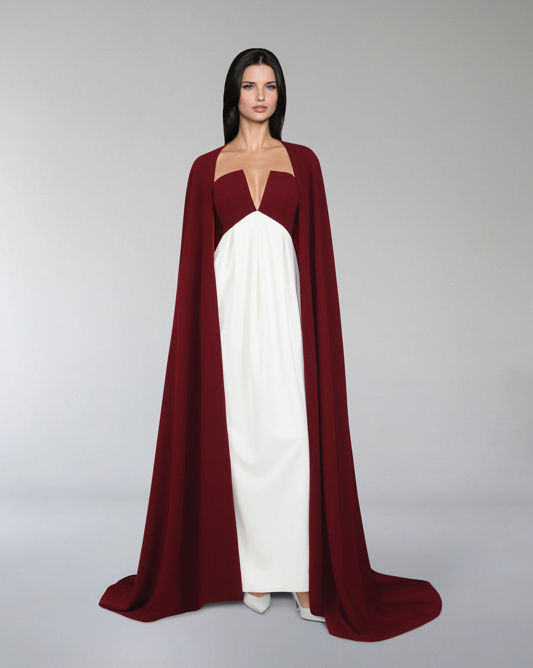 V neckline column dress with maxi cape