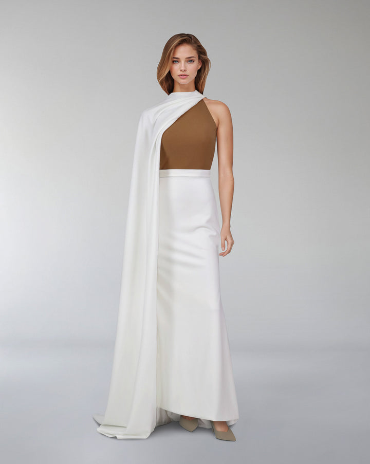 Sleeveless column dress with detachable side cape  - ALINA