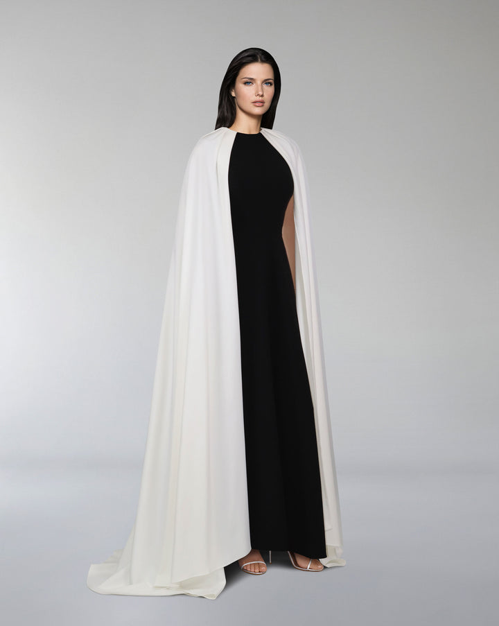 Black & white column dress with maxi cape - NOELLE