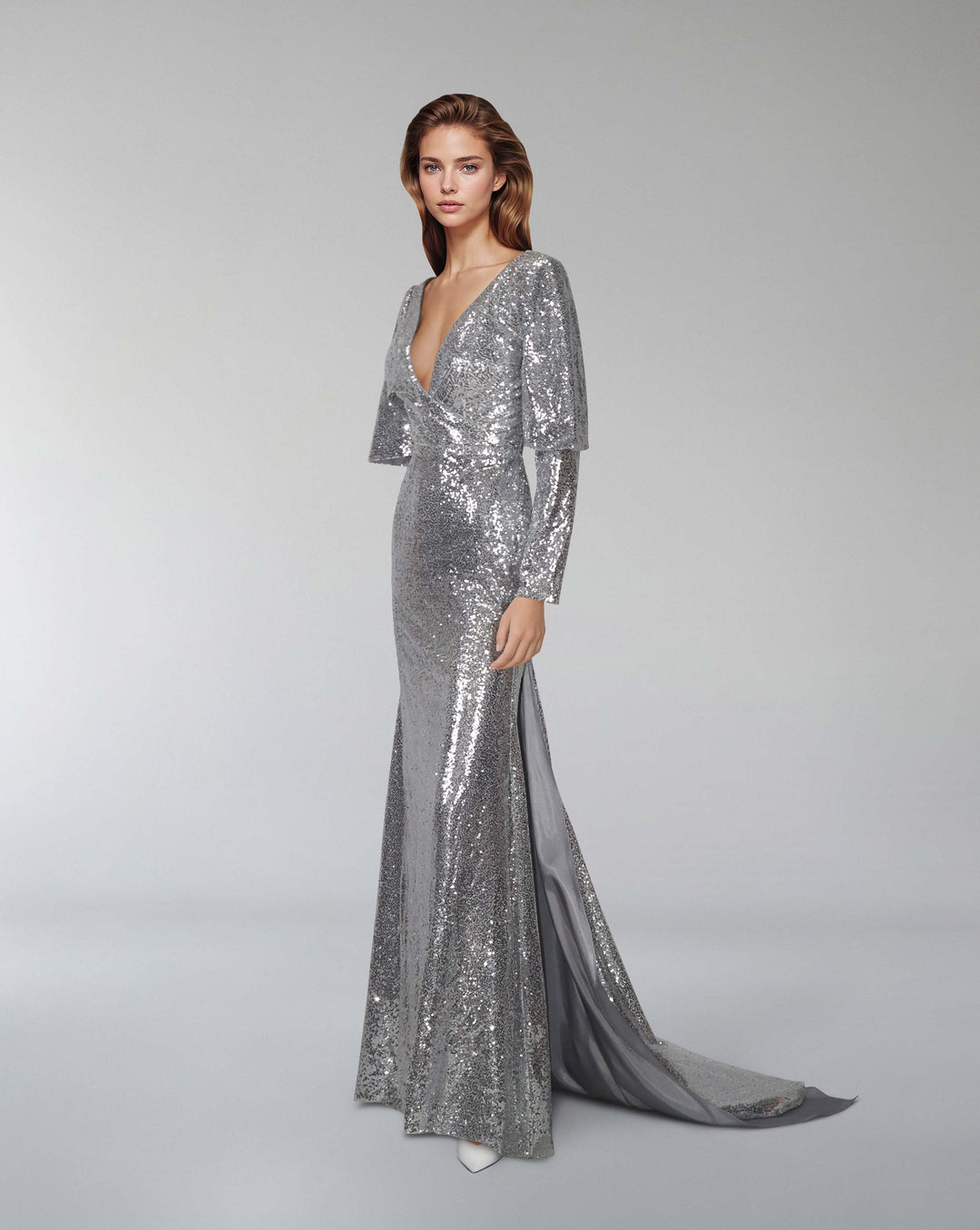 Sequined V-neckline dress with train - SAGE