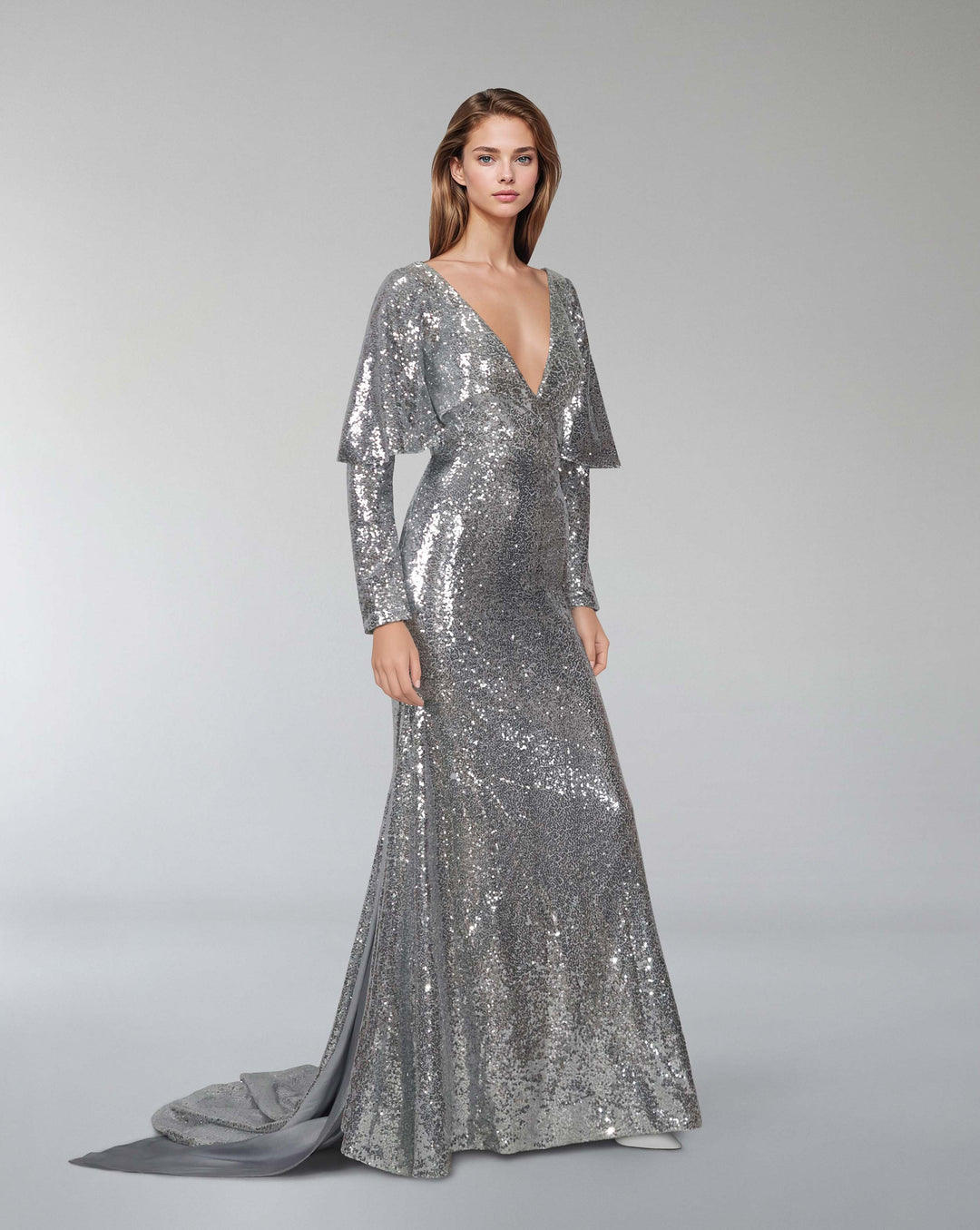 Sequined V-neckline dress with train - SAGE