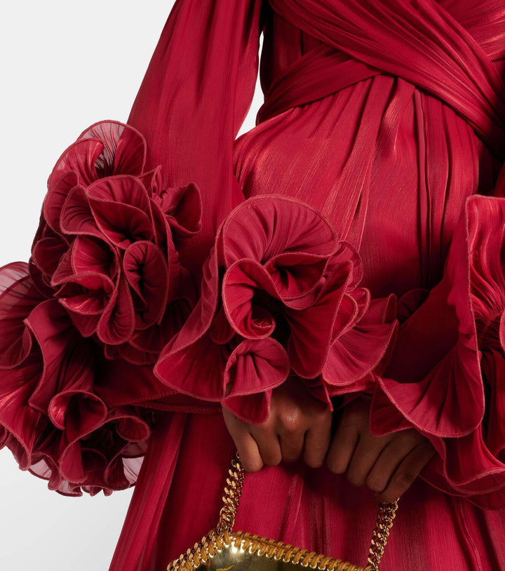 pleated chiffon midi dress with floral cuffs – FUCHSIA