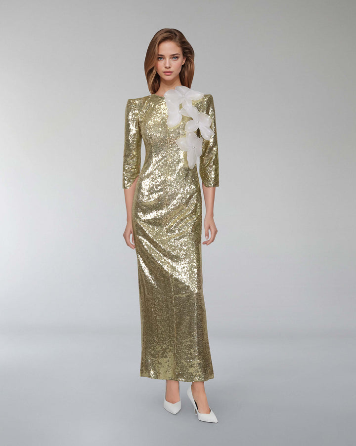 Sequined dress with 3D flowers and shoulder pads - SERAPHINE