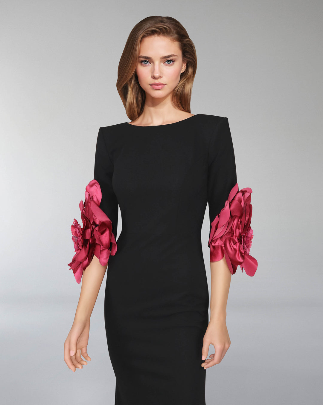 Black column dress with flowered sleeves - LIVIA