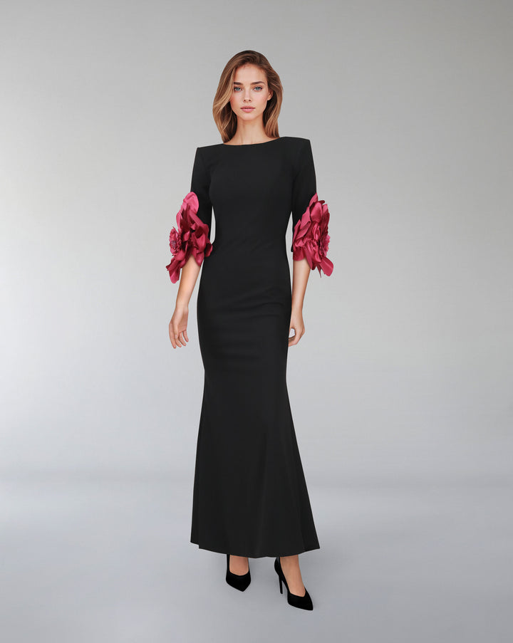 Black column dress with flowered sleeves - LIVIA