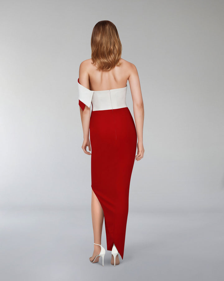 Geometrical neckline dress with draped skirt - CELESTE