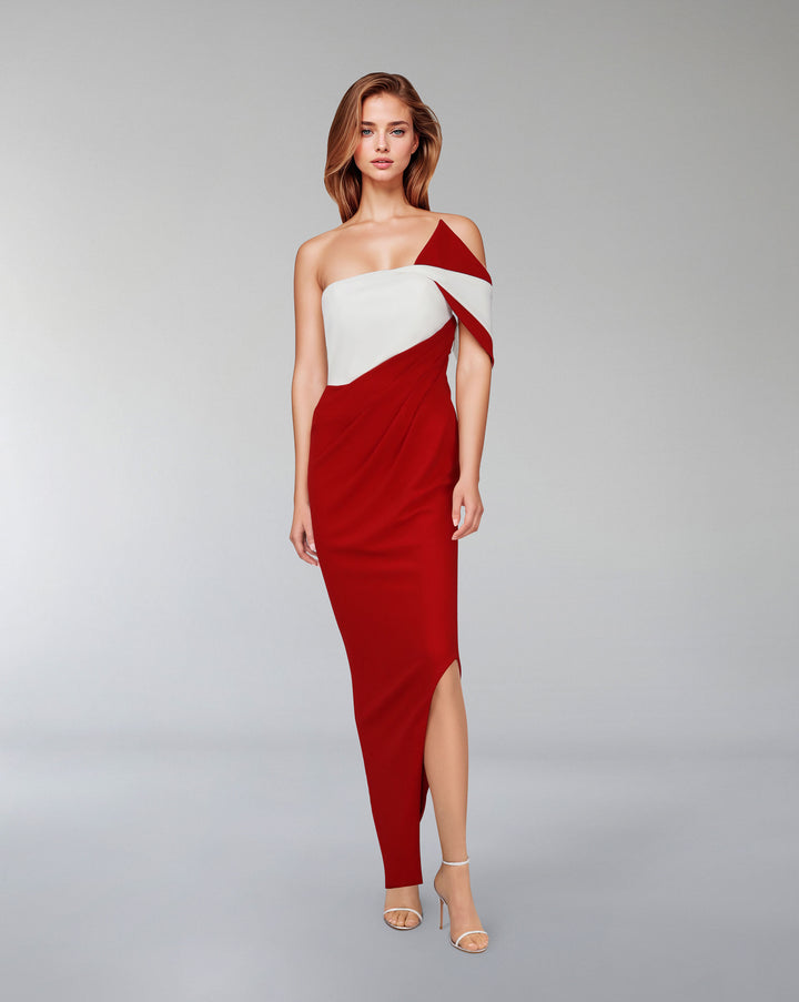 Geometrical neckline dress with draped skirt - CELESTE