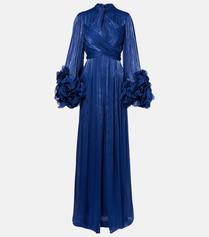pleated satin gown with floral cuff sleeves – AZURE