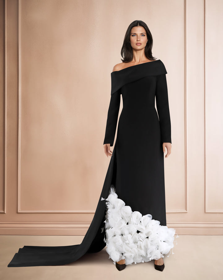 Long sleeved dress with asymmetrical shoulder and 3D flowers - ODD-Lonim