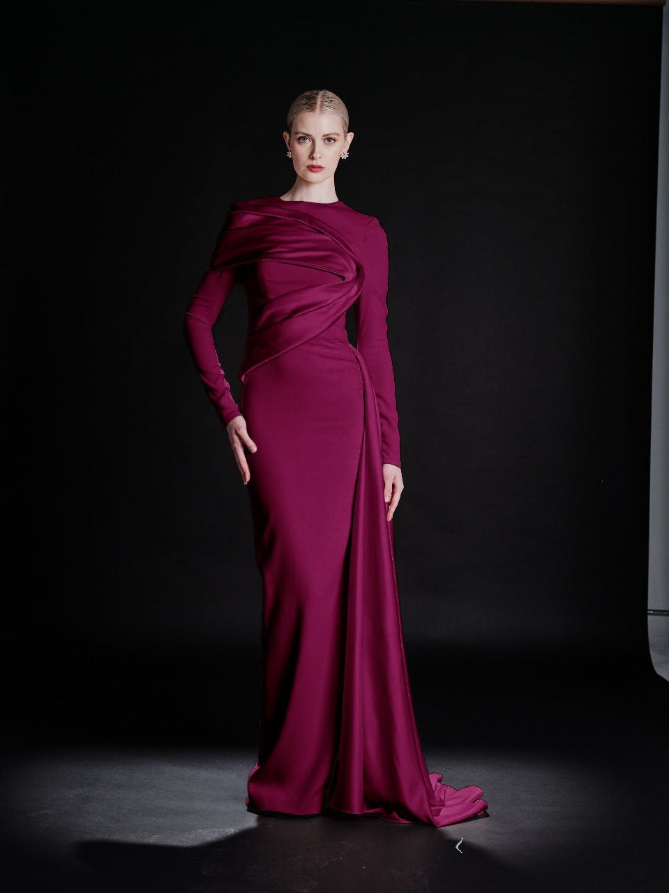 long-sleeve draped column evening gown – RUBINA
